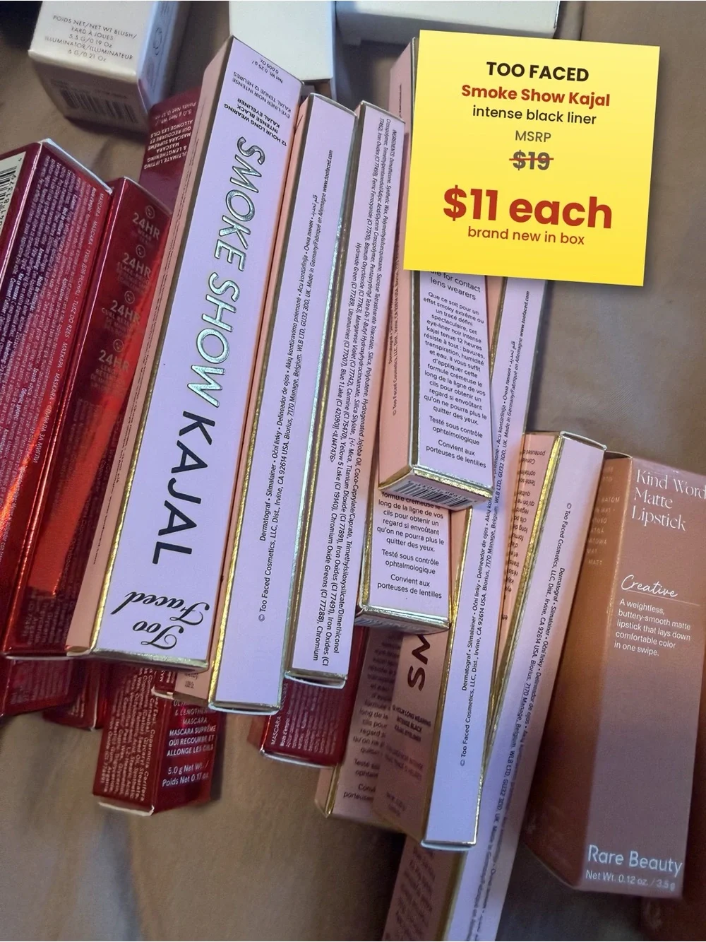Too Faced Pink Metallic Smoke Show Kajal Eyeliner Boxed
